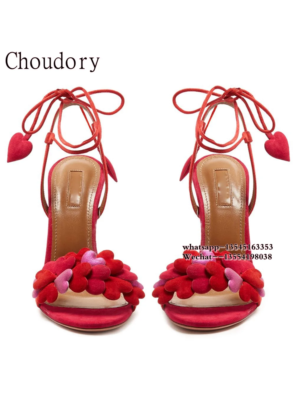 Fashion Design Sandal Red And Pink Hearts Femme Lace Up Suede Leather Gladiator Sandals Women Stiletto Strappy High Heels