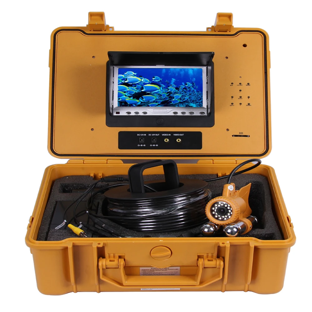 100Meters Depth Underwater Fishing Camera Kit with Dual Lead Bar & 7Inch Monitor with DVR Built-in & Yellow Hard Plastics Case