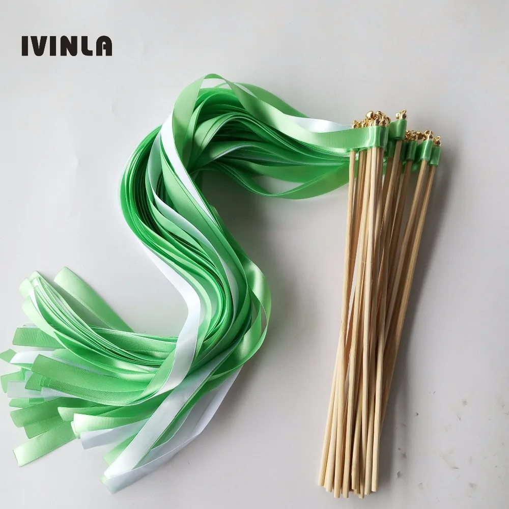 Hot Selling 50pcs/lot Green and White Wedding ribbon Wands  with gold Bells for wedding decoration