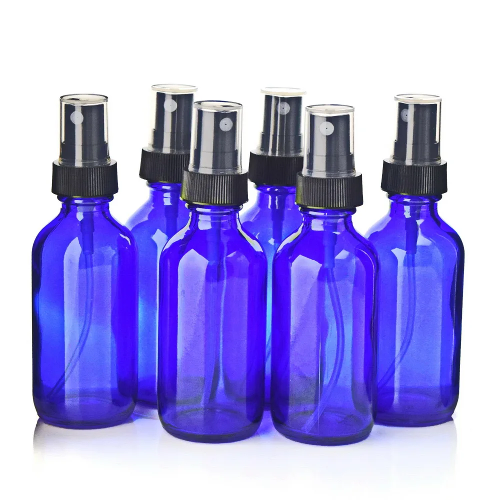 6pcs 60ml Cobalt Blue Glass Spray Bottles With Black Fine Mist Sprayer for Essential Oils Cleaning Aromatherapy Refillable 2 Oz