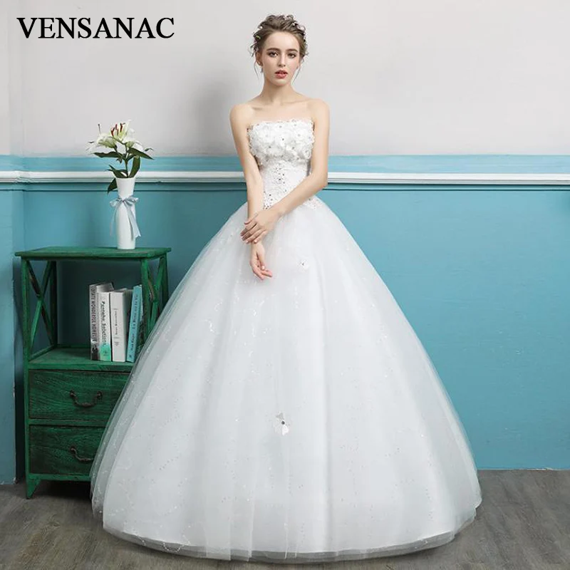 

VENSANAC 2018 Crystal Flowers Strapless Ball Gown Lace Wedding Dresses Sequined Off The Shoulder Backless Bridal Gowns