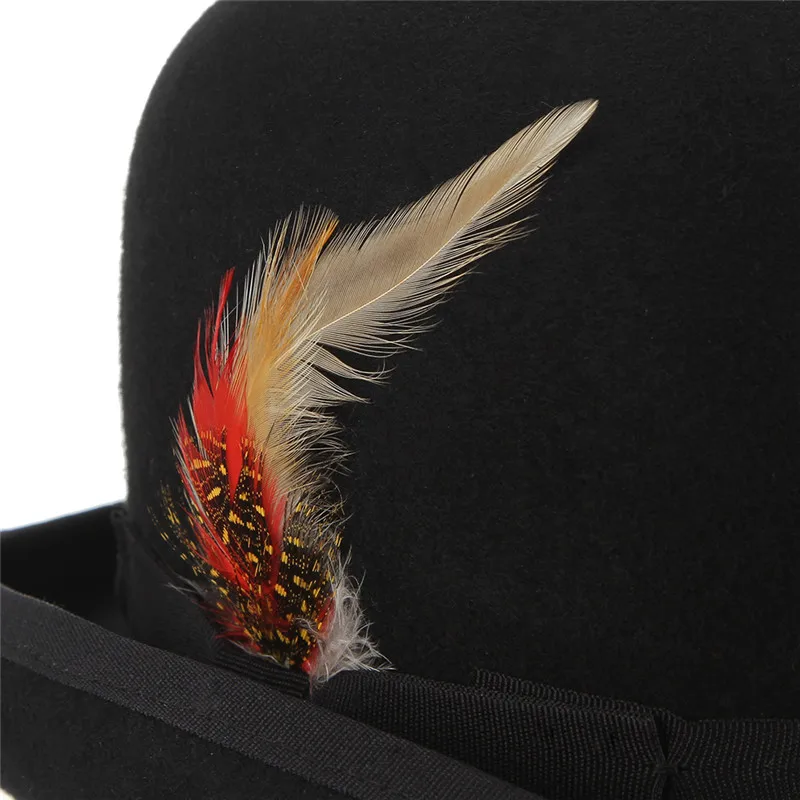 GEMVIE 4 Tailles 100% Noir en Feutre de laine Derby Melon Chapeau Pour Hommes Femmes Plume Doublure En Satin décontracté Formel Fedora