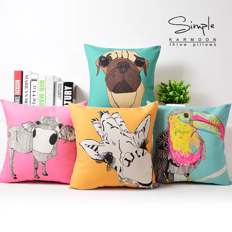 Funny Animal Cushion Cover Toucan Throw Pillow Case Zebra Owl Dog Giraffe Pug Cow Linen Car Seat Cushion Cases Animal Room Decor