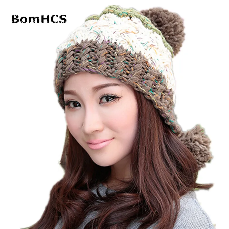 BomHCS Cute Women's Thick Cable Multicolor Handmade Knit Beanie Ear Muff Warm Hat with Soft Pom Pom