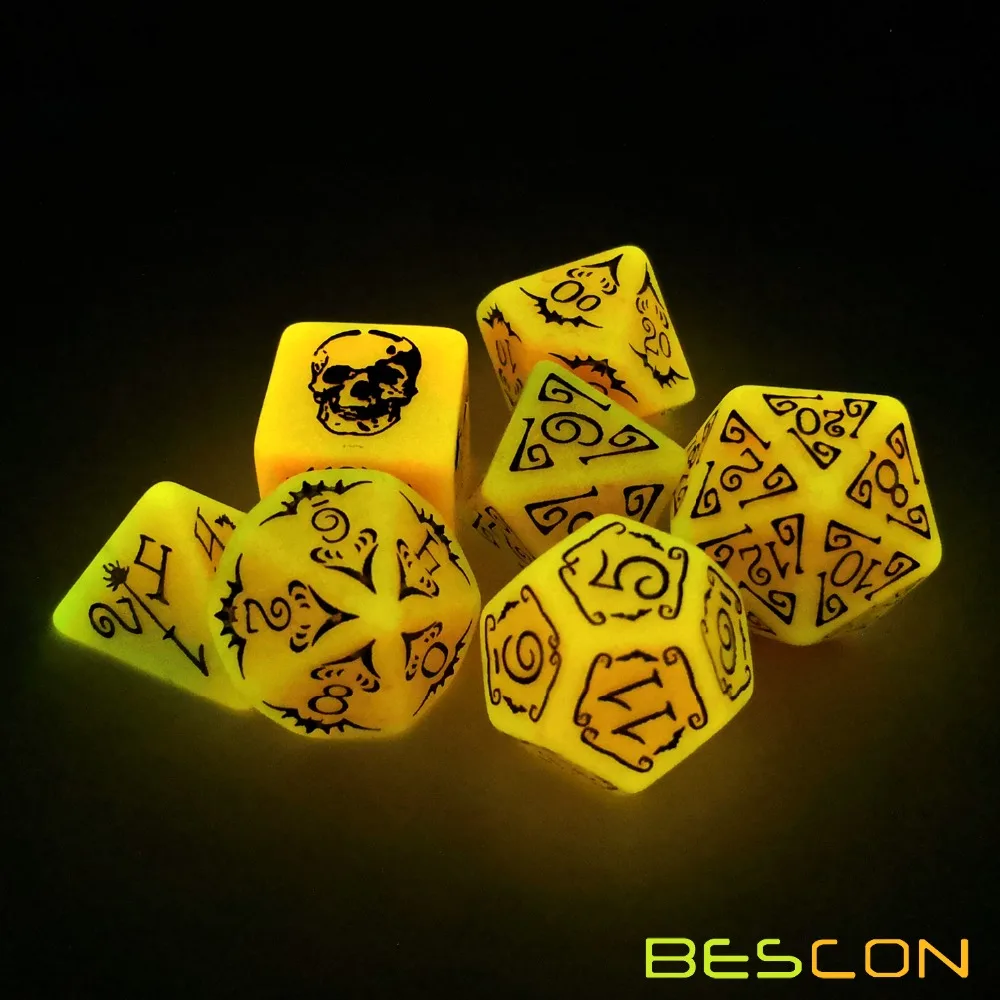 Bescon Glowing Halloween Polyhedral Dice 7pcs Set, Luminous Halloween RPG Dice Set, Glow in Dark Halloween DND Game Dice