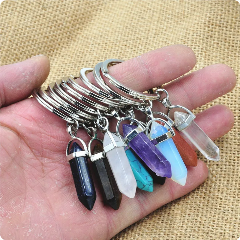 Hexagonal Column Natural Stone Amethyst Keychain For Women Rose Quartz Stone Key Rings On Bag Car Jewelry Party Friends Gift