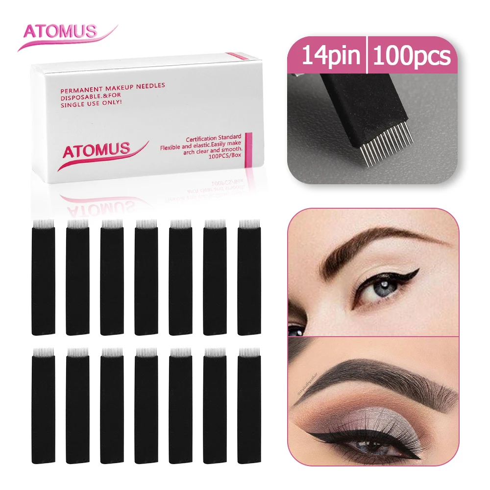 

100pcs 14Pin Flat Tattoo Needles Agulhas Tebori Blades For Permanent Make Up Manual Eyebrow Pen Lamina Blade Agulhas