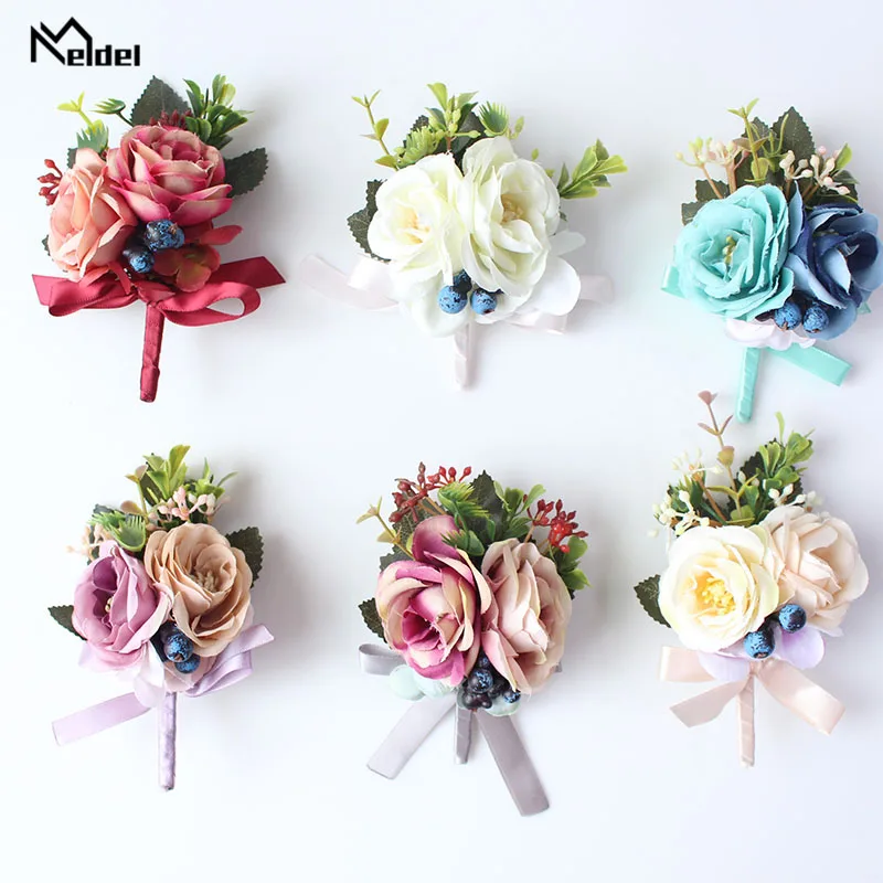 Meldel Corsage เจ้าบ่าว Boutonniere PIN เจ้าสาวสายรัดข้อมือ Blue Burgundy เพื่อนเจ้าสาว Rose ดอกไม้สร้อยข้อมืออุปกรณ์จัดงานแต่งงาน