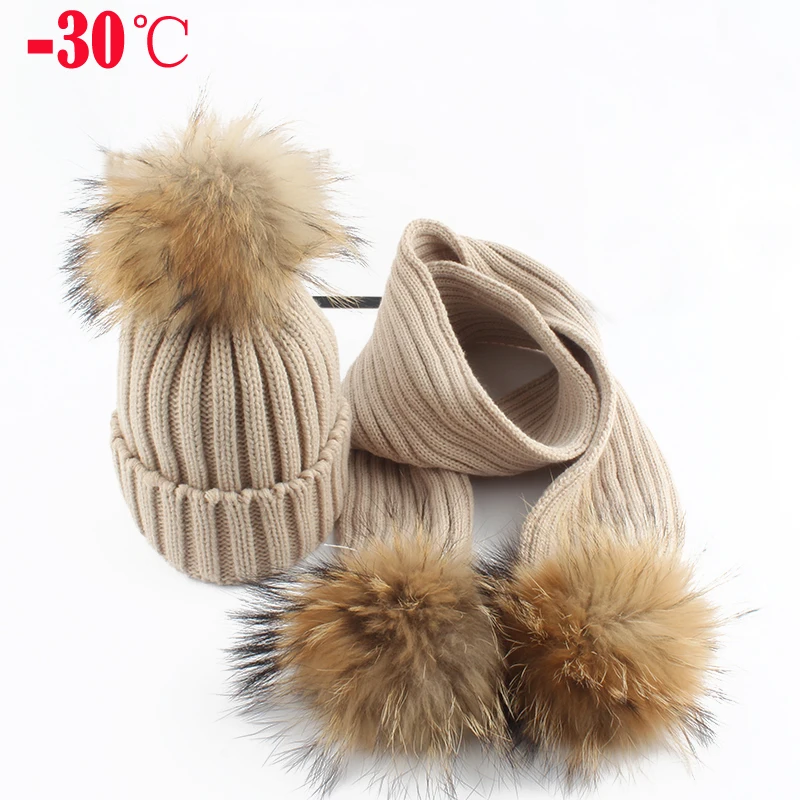 

5-10 age Winter Hat For Children 2 Pieces Set Kids Thick Knitted Hat Scarf Set 15cm Real Fur Pompom Beanie Cap