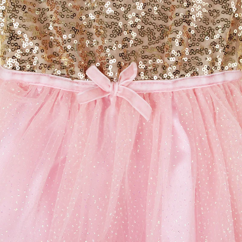 Cute Retail Baby Summer Dress Little Girl Gold Sequin Top with Pink Glitter Tulle Stitching Tutu Dress Kids Party Princess Dress