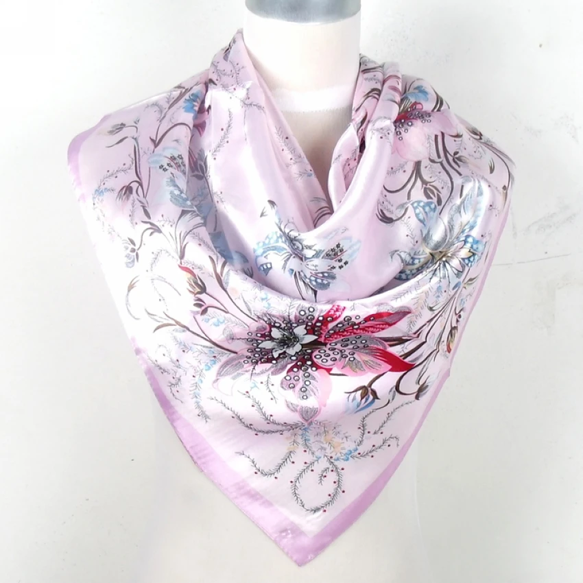 Fashion Brand Female Pink Scarf Hijab,Women Polyester Silk Scarf Printed,Flowers Design Satin Big Square Scarf/Shawl For Ladies