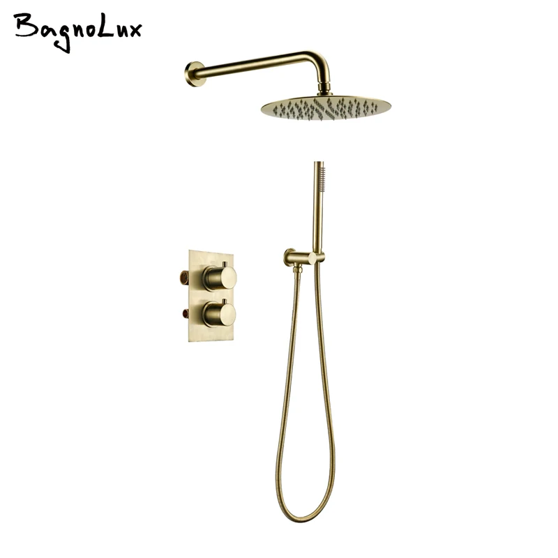 Bathroom Faucet 2 Dial 2 Way Gold Shower Set Diverter Thermostatic Control Mixing Valve Rainshwoer Sets 8/10/12  Inch