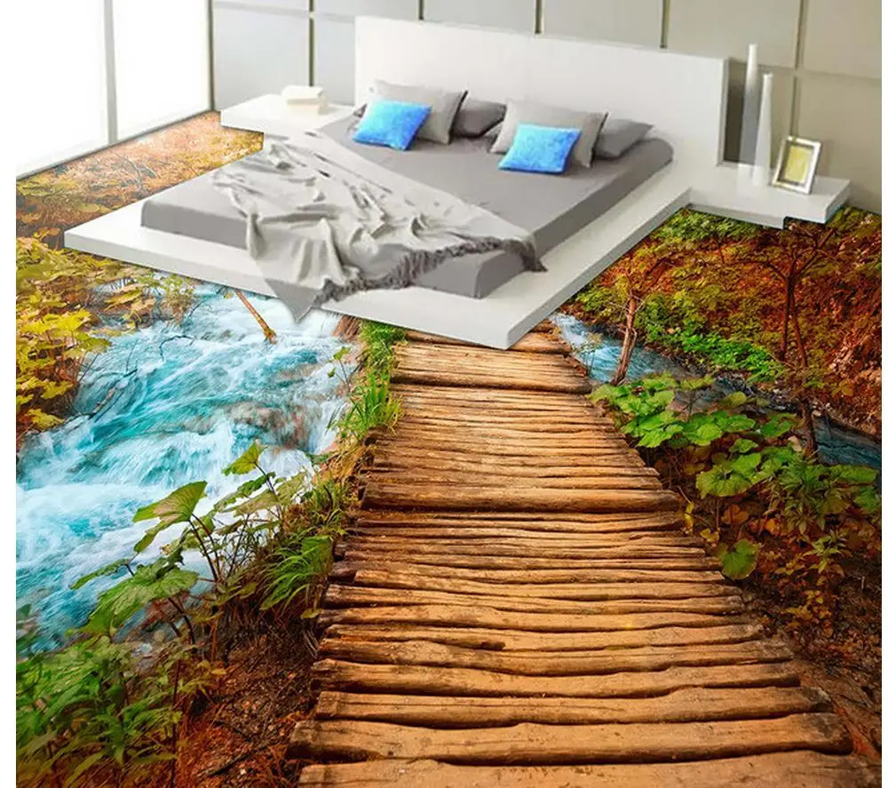 3d wallpaper pvc Wooden bridge path stone river washroom bathroom bedroom 3d floor pvc floor wallpaper