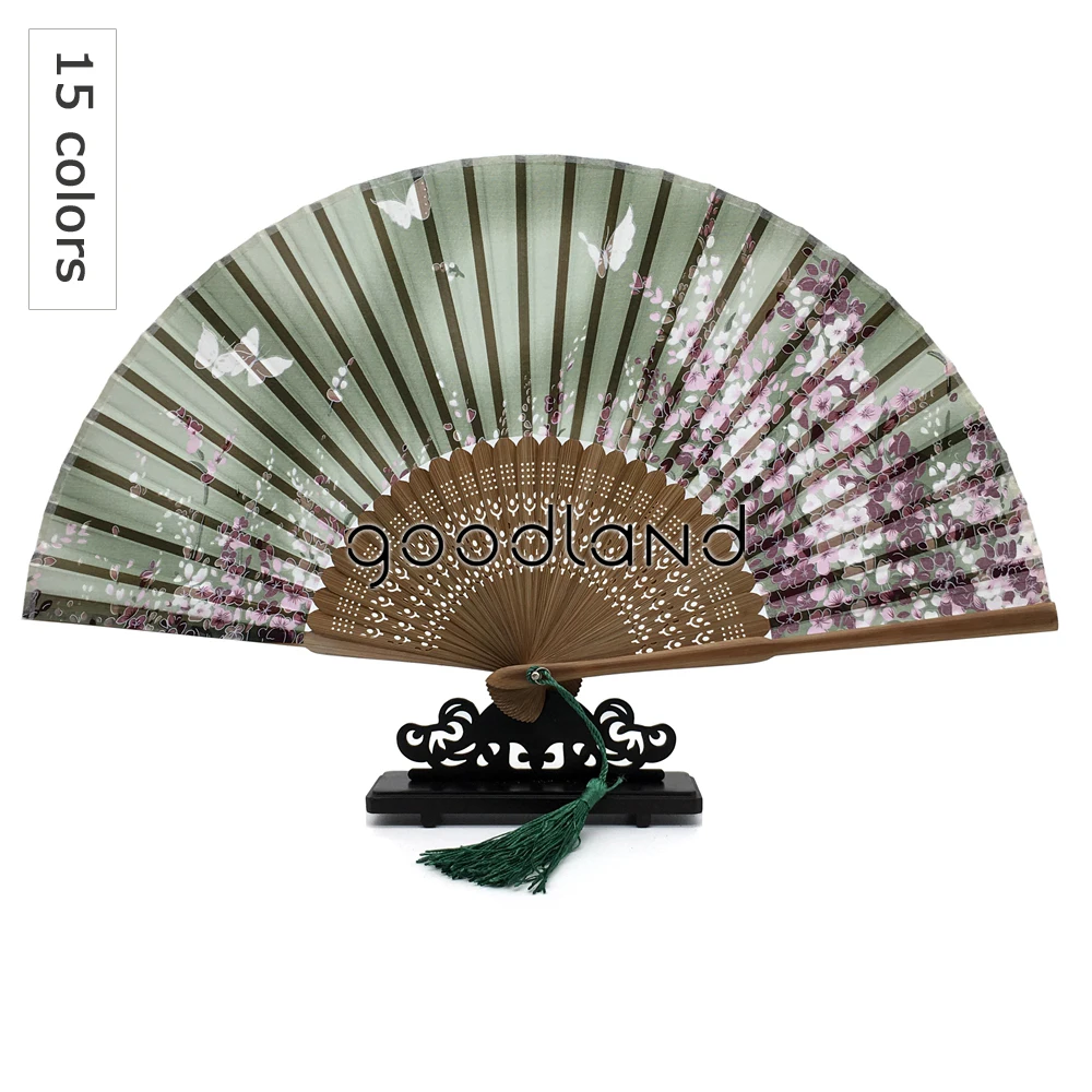 Free Shipping Wholesale 50pcs/lot Butterfly Flower Print Fan Silk Wedding Hand Fans Tassel Gift Wedding Gifts for Guests