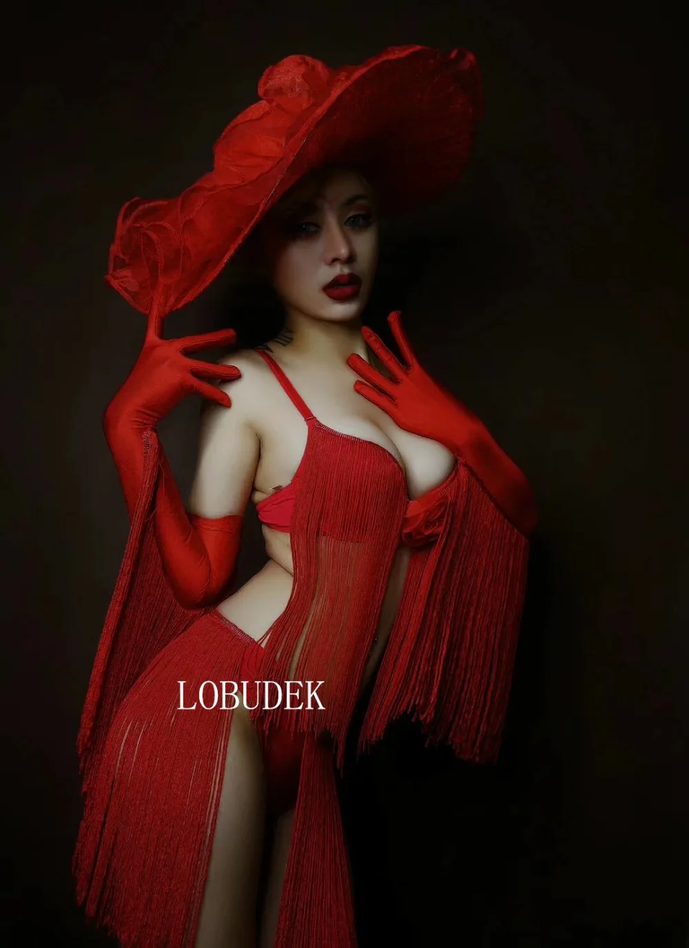 Weihnachten Party Weibliche Nachtclub Bühne Outfit Valentinstag Bar DJ Sänger DS Kostüm Rote Quasten Bikini Sexy Leistung Trägt