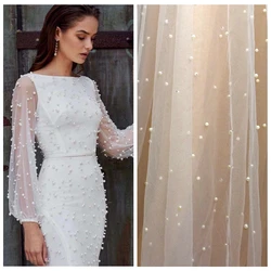 5yards Hot selling off white pearls on net mesh embroidery evening show dress lace fabric clothing decoration materials