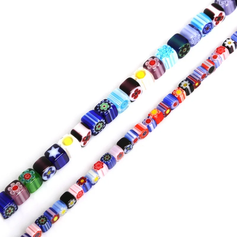 Fashion Beatiful Glass Beads Mix Size Oval and Square Millefiori Flower Lampwork Glass Loose Beads DIY Jewelry Necklace