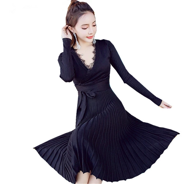 

New Sexy Deep V-neck Sweater Pleated Dress Women Autumn Winter Maxi Long Knitted Dress Pull Femme Vestido Evening Party Dresses