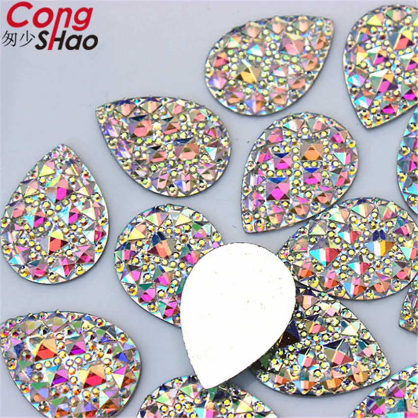 Cong Shao 80pcs 18*25mm AB Color Pear Shape Flatback Resin Rhinestone Stones Crystal For Clothes Craft Button Decoration CS652