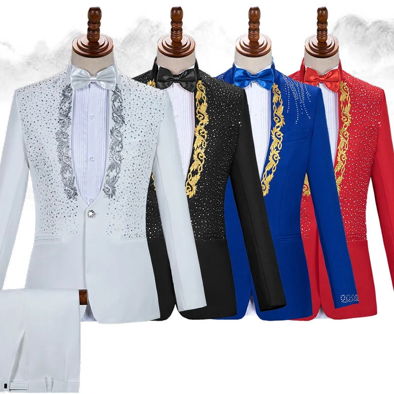 Sparkly Crystals Blazers Embroidery Men's Suits Formal Chorus Dress Singer Host Concert Stage Outfits Nightclub Clothing Costume