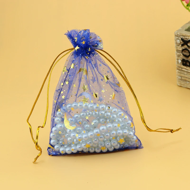 200pcs Royal Blue Star Moon Bronzing Organza Gift Jewelry Packaging Bags Festival Gift Bag Saquinho De Organza 7x9cm Wholesale