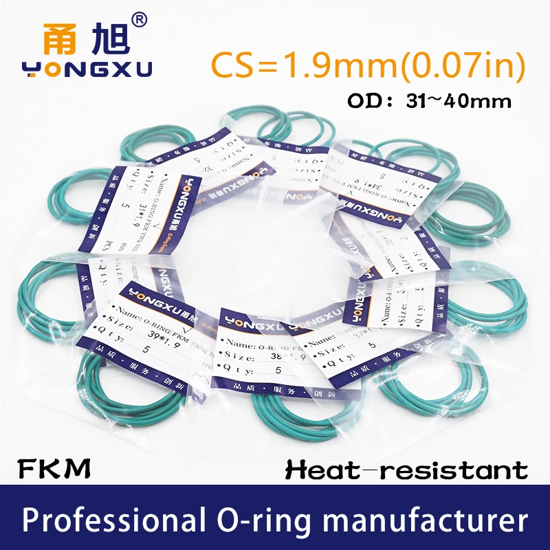 5PCS/lot Green FKM Fluorine Rubber Orings Seals CS1.9mm OD31/32/33/34/35/36/37/38/39/40*1.9mm Rings Seal Gasket Rings Washer