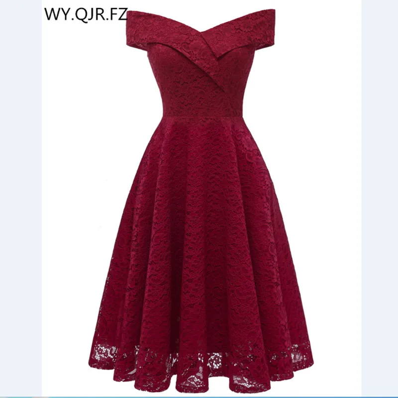 CD-1610#Boat neck Burgundy Short Lace Bridesmaid Dresses wedding party dress gown prom wholesale Bride Wedding Toast clothing