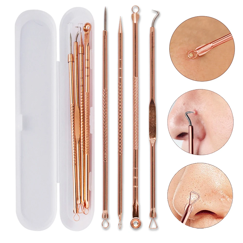 4Pcs Edelstahl Rose Gold Akne Extractor Remover Kit Mitesser Makel Entfernen Pickel Nadeln Behandlung Gesicht Hautpflege Werkzeuge