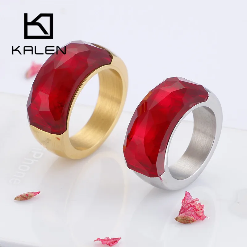 KALEN Gold Color Stainless Steel & Colorful Stone Rings For Women Trendy Glass Wedding Rings Anillos Mujer Party Jewelry Gifts