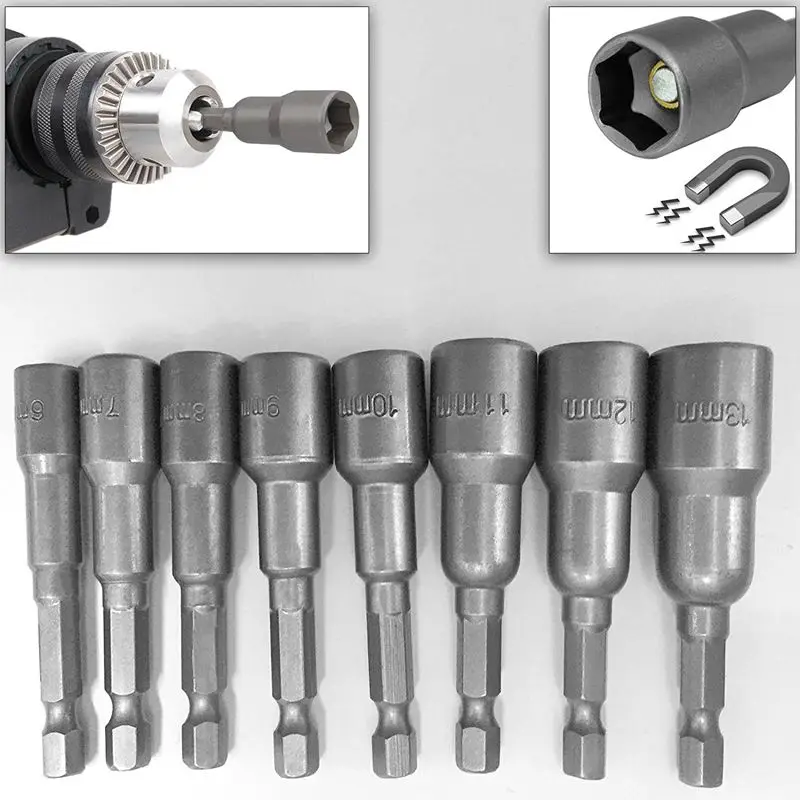 8pcs 1/4 inch Hex netic Nut Driver Socket Set Metric Impact Drill Bits 6 to 1m Adapter