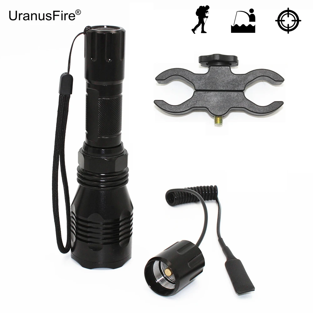 Hunting Light LED Flashlight Torch Green Red White Light Spotlight  XP-E R2 with Bracket Clip + Remote Pressure Switch