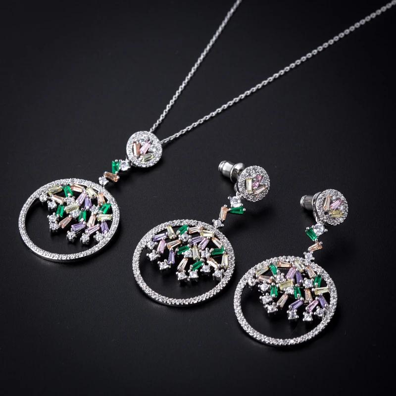 FXLRY Luxury White Color/Multi Color CZ Zircon Pendants Necklace And Earrings Sets For Women Brincos Bijoux Wedding Jewelry