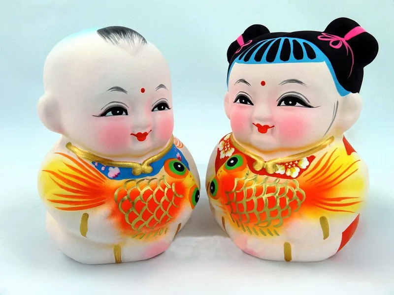 1 Pair of Clay Figurines Fu Dolls Goldfish Folk Boy Girl Chinese Specialty Gift