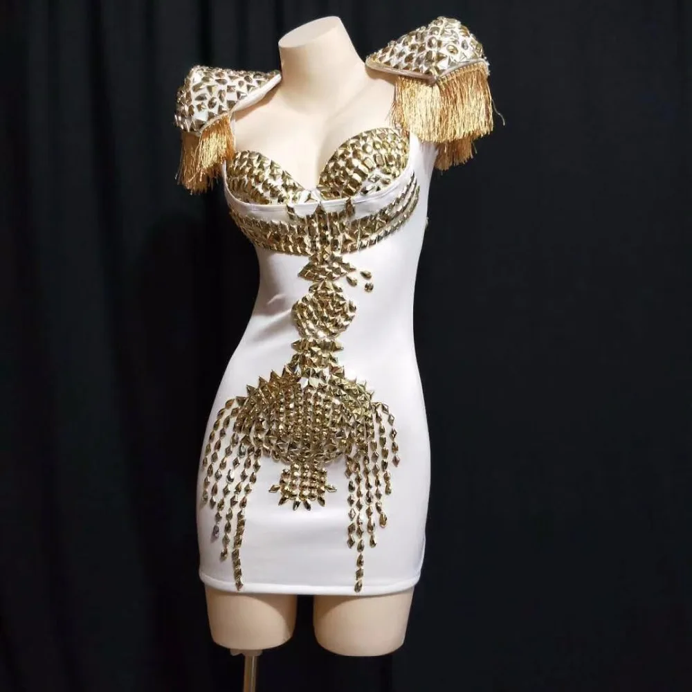 Vestido feminino com strass e borla, vestido branco, sexy, com borla, esticável, dourado, comemoração, aniversário, boate, palco, baile, festa, cantoras