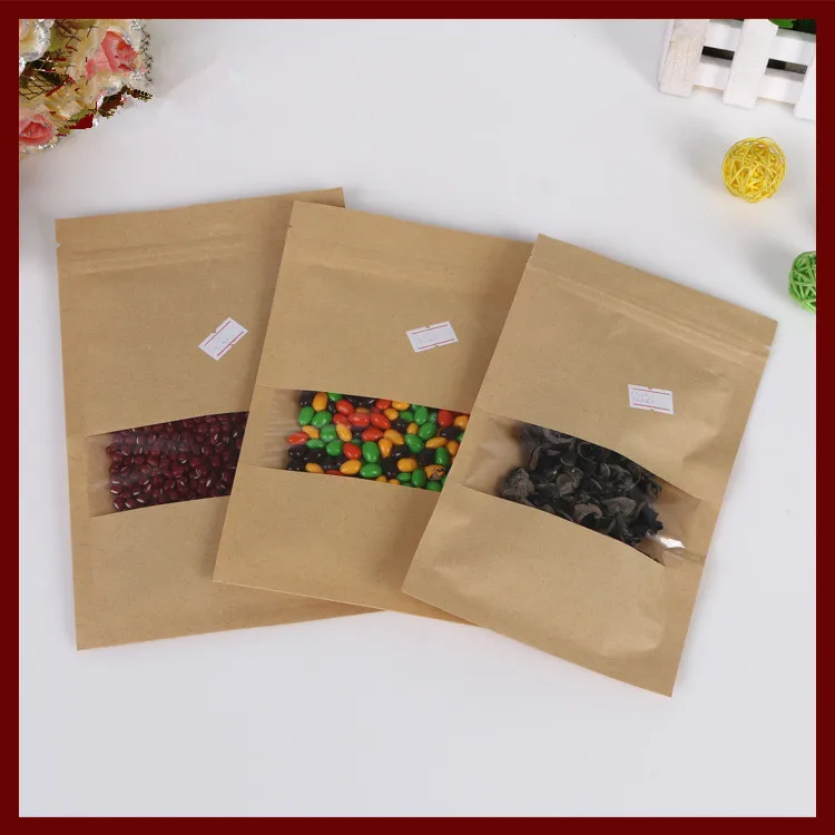 16*26 100pcs brown self zip lock kraft paper bags with window for gifts sweets and candy food tea jewelry retail package paper