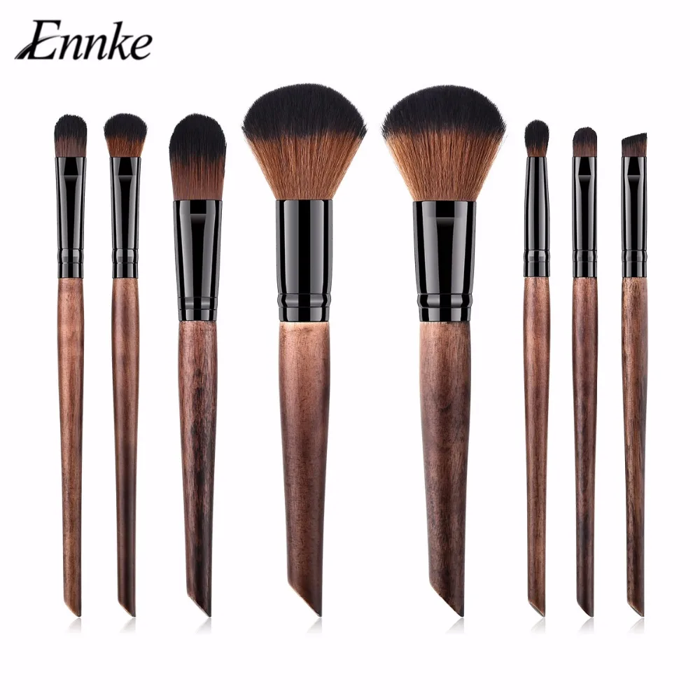 ENNKE 2019 New Arrival 8 Pcs Coffee Makeup Brushes With Dark Red Case Soft Synthetic Hair Wood Handle Facial Eyeshadow Blush Lip