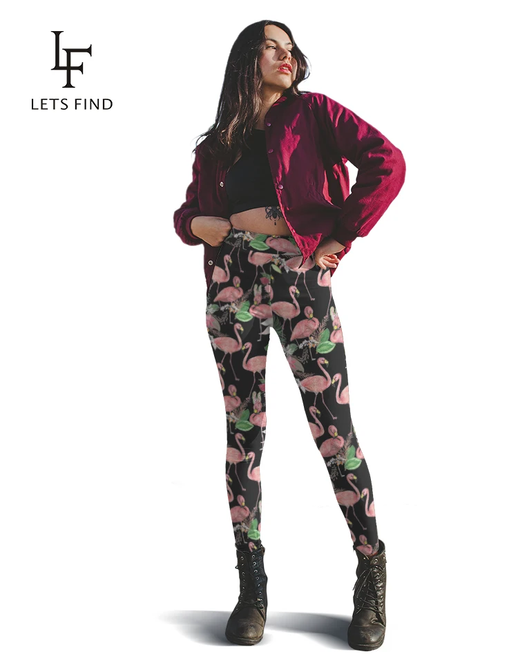 LETSFIND 2019 Fashion Stretch Leggings neri 3D fenicotteri Milk Silk Print Fitness Legging Sexy Silm pantaloni da donna a vita alta