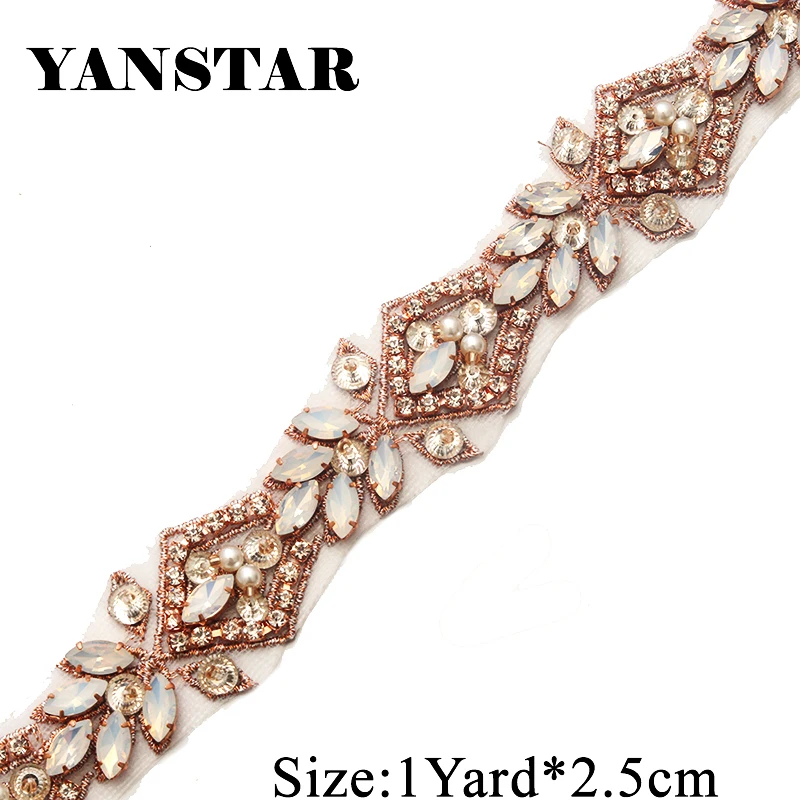 YANSTAR  Wholesale  Rhienstone Applique Crystal  By 2.5CM*10Yards Bridal  Belt  opal beads Trim For Wedding Dress Belt YS912