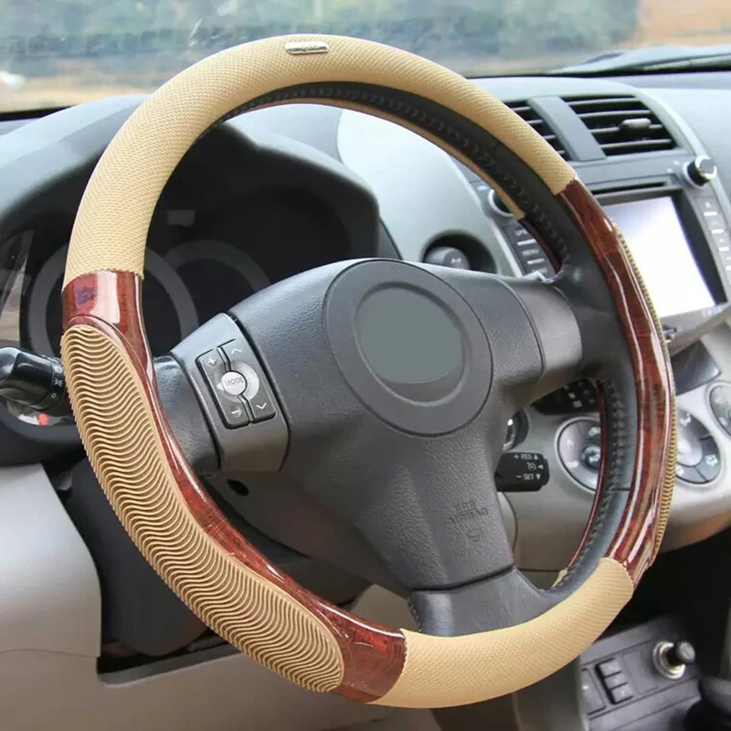 Car Steering Wheel Covers Light Wood Grain Leather Comfortable Car Steering Wheel Cover Fits 38cm/ fits 15\