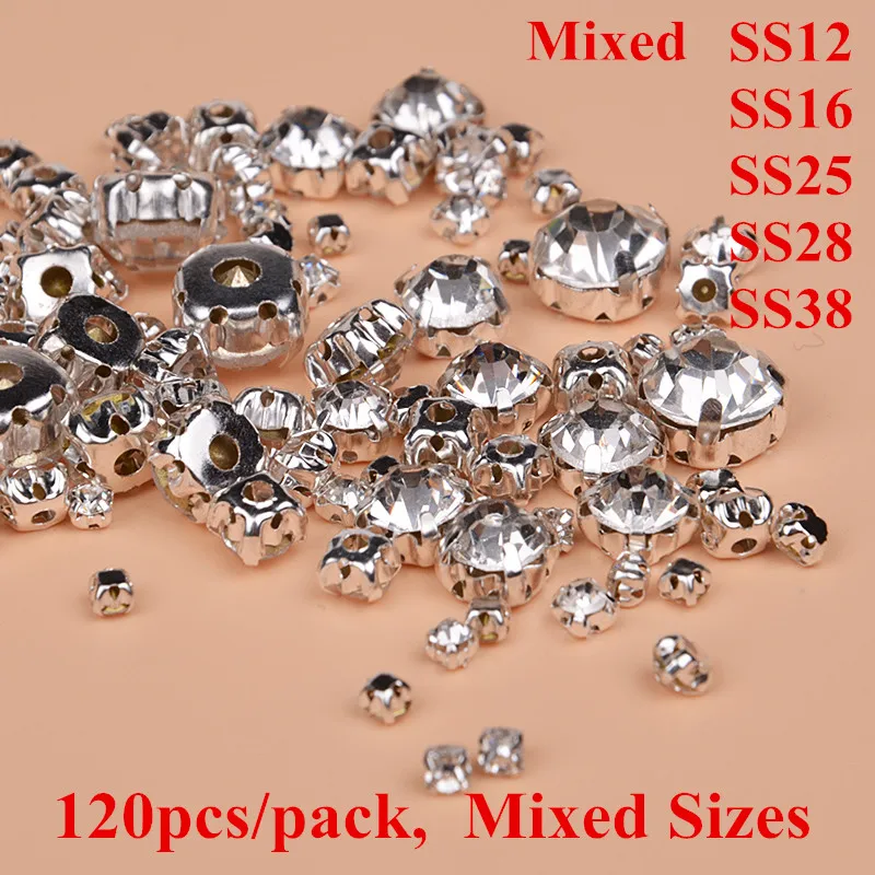 

3 4 5 6 8mm Mix 120pcs Glass Crystal Stones Claws Sew-on Rhinestones Metal Needlework Silver For DIY Wedding Clothes Dress Shoes