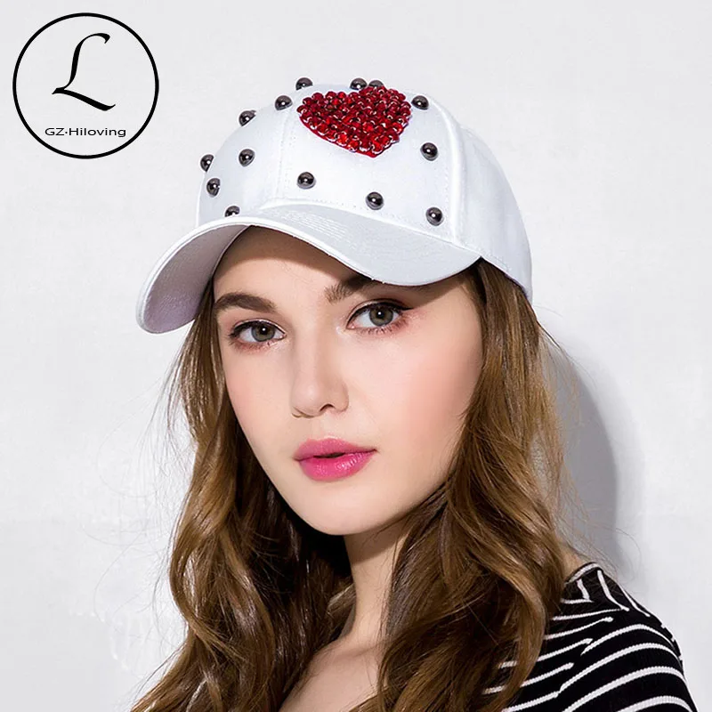 

GZHILOVINGL Heart Shape Women's Rhinestone Hats Pearls Girls Snapback Cap Fashion Baseball Hip Hop Hats Sport Summer Cute Gorras