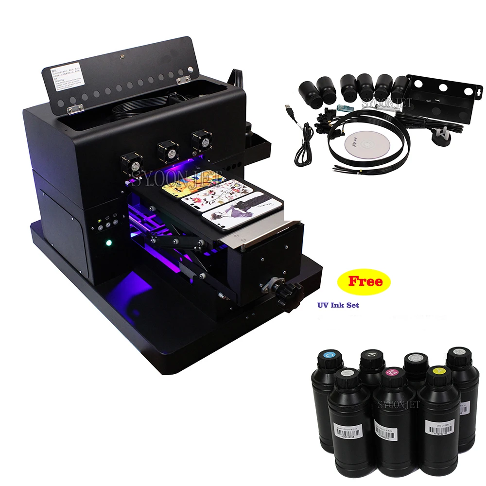 UV printer a4 UV Flatbed Printer with Free UV ink set 3500ml  for Phone Cover glass metal leather 3D emboss Printing