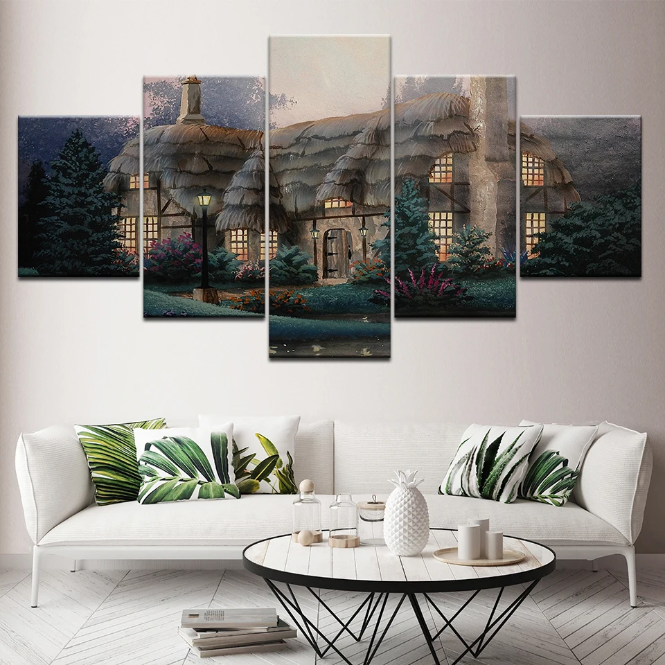 Canvas Painting Thatched house landscape 5 Pieces Wall Art Painting Modular Wallpapers Poster Print for living room Home Decor