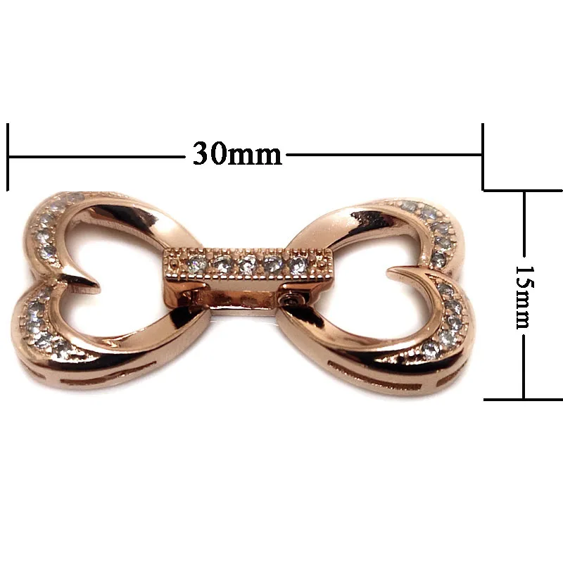 Wholesale 15x30mm 2 Rows Rose Gold Double Heart Style 925 Sterling Silver Jewelry Foldover Clasp