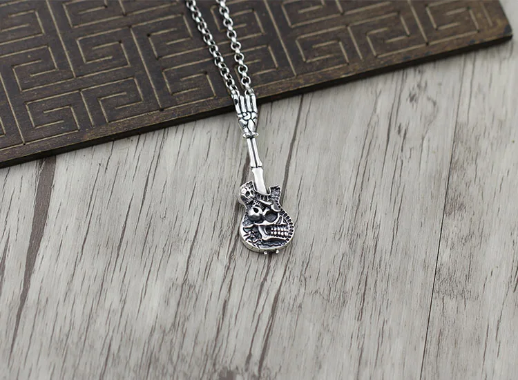 guitar all-match silver skeleton personality Necklace Pendant in S925 Sterling Silver old men and women unique Pendant