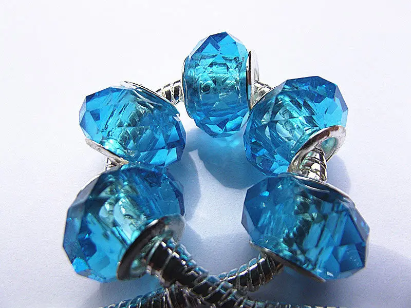 5PCS 14*8mm Sky Blue Color Big Hole Round European Loose Glass Crystal Beads Charms for DIY Jewelry Making Pandora Bracelet
