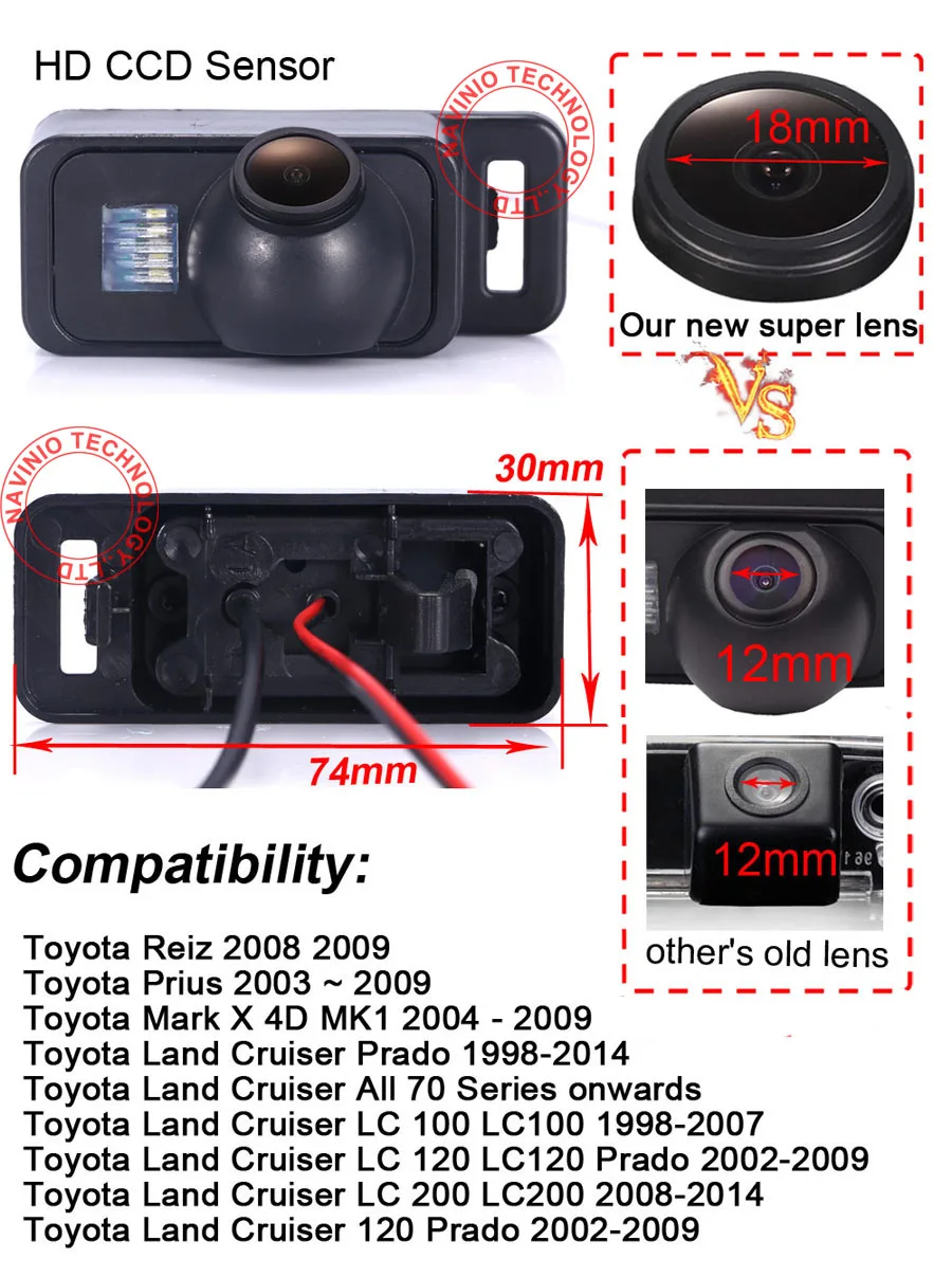 HD CCD 1280*720 pixels 18 mm lens parking rear view car camera for toyota rezi  prius mark X 4D MK1 Land cruiser LC 100 Prado