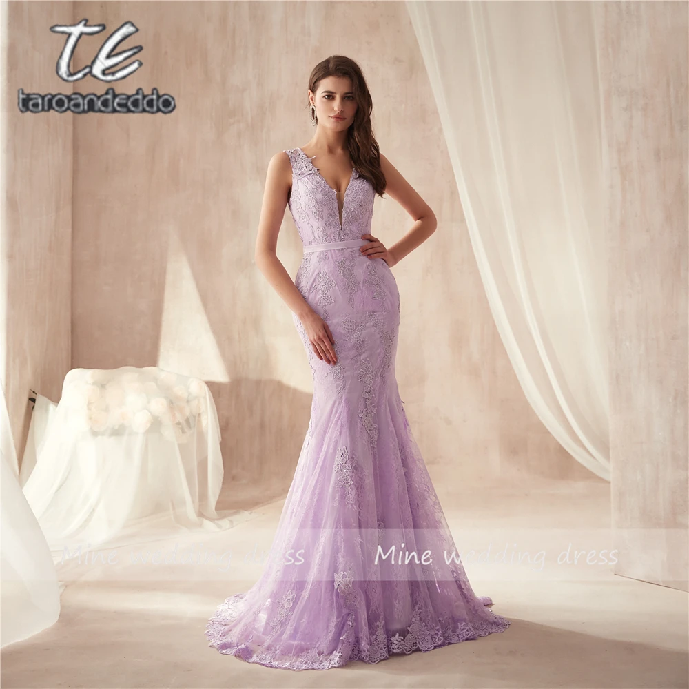 

Deep V-neck Applique Lace Mermaid Lilac Prom Dress Button Illusion Back Sexy Sleeveless Evening Dress Vestidos Formatura Longo