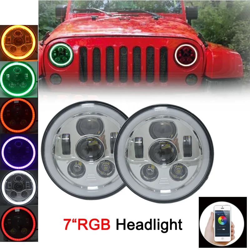 

7"Headlight Black Chrome Hi-Lo Beam Bluetooth Remote RGB Round 883 Led Lamp DRL Halo Angel Eye For Wrangler Lada Land Rover