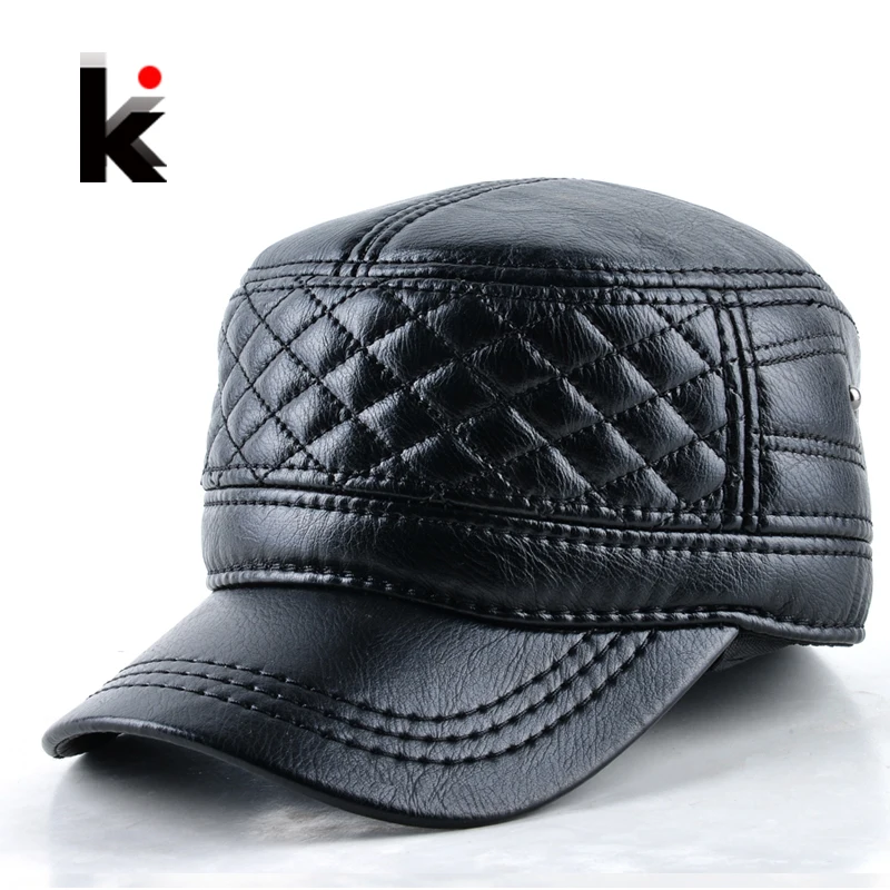 2018 Mens leather hat winter warm military style baseball cap with ear flaps russia flat top hats for men casquette